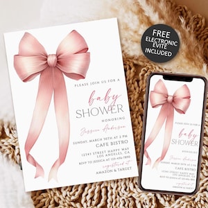 Pink Bow Baby Shower Invitation Template Download, Pink Coquette Baby Shower Invite Printable, Baby Girl, Pink Baby Shower Invitation Girl