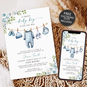 Boy Baby Shower Invitation, Baby Clothes Invite A sweet baby boy is on his way Laundry Blue Greenery Editable Printable Invitation Download