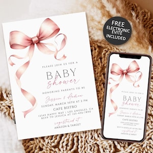 Pink Bow Baby Shower Invitation Template Download, Baby Girl, Pink Coquette Baby Shower Invite Printable, Pink Baby Shower Invitation Girl
