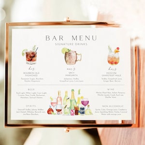 Bar Menü Vorlage, Moderne bearbeitbare Getränkekarte Vorlage, Minimalistische druckbare Barkarte, Signature Drinks Schild, Hochzeitsbar Menüschild Download