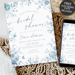 Chinoiserie Bridal Shower Invitation template, Vintage Floral bridal Shower Invitation, Dusty Blue Bridal Shower Invite Instant Download
