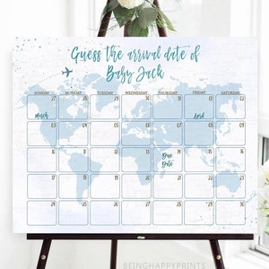 L'aventure vous attend - Calendrier Devinez l'anniversaire de votre bébé, carte du monde, thème du voyage, valise bleue, globe, prédication de bébé, baby shower, garçon