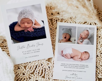 May include: A white card with a photo of a newborn baby boy wearing a blue and white knitted hat. The card includes the baby's name, birth date, time, weight, length, and location. The text reads "Justen Brooks Jmas 07.12.20XX 04:21 PM 7LB 4OZ 21 INCHES LA, CALIFORNIA".