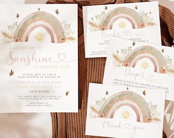 Rainbow Baby Shower Invitation, Boho Sunshine Theme (Digital Download)