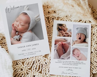 Newborn Baby Birth Announcement Template, Printable Photo Birth Card, Birth Stats Card, Birth Announcement With Pictures, Instant Download