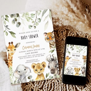 Safari Baby Shower Invitation, Wild One is on the Way Baby Shower Invite, Safari Animals Baby Shower Invitation template, Jungle baby invite