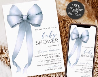 May include: A blue and white baby shower invitation with a watercolor bow and the text "Please join us for a baby shower honoring Jessica Anderson". The invitation includes the date, time, location, and RSVP information. It also states that the event is registered at Amazon and Target.