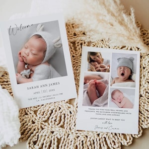 Newborn Baby Birth Announcement Template, Printable Photo Birth Card, Birth Stats Card, Birth Announcement With Pictures, Instant Download