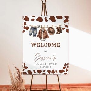 Cartello di benvenuto modificabile per baby shower in stile cowboy, cartello per baby shower in stile Far West, poster di benvenuto per baby shower in stile rodeo, un piccolo cowboy è in arrivo