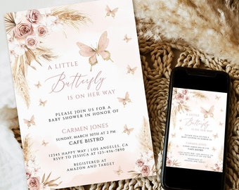 Butterfly Baby Shower Invitation, Boho Pampas grass Girl Baby Shower Invite, editable blush mauve pink printable baby shower invite Download