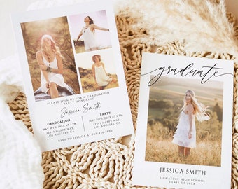 Graduation Invitation Template, Photo Announcement, Modern Minimalist Party Invite (Digital Download)
