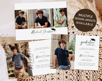 May include: Three different graduation invitation designs featuring a photo of a young man in a cap and gown. The text on the invitations reads "Graduate Class of 2023", "Please join us for a graduation celebration", "Honoring Michael Jacobson", "Graduating from Harvard University", "Sunday, March 18th at 2:00 PM".