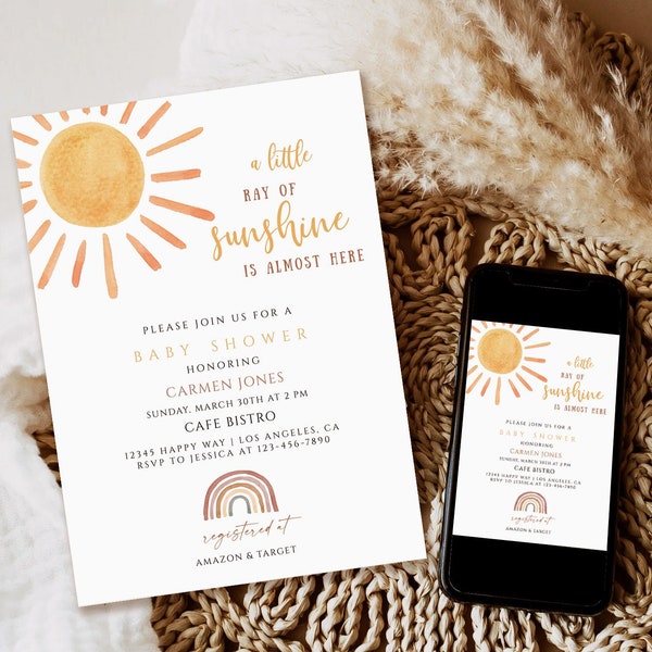 Sunshine Baby Shower Invitation, Boho Sun Baby Shower Invite, Neutral Rainbow Shower, A Little Ray of Sunshine invitation, Editable Template