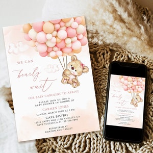 Editable Pink We Can Bearly Wait Teddy Bear Balloon Bear Theme Baby Shower Invitation Template pink teddy bear invitation Instant Download