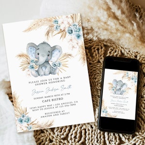 Editable Blue Pampas Grass Boho Elephant Baby Shower Invitation Template Boy Baby Shower Peanut Baby Shower Invitation Printable Download