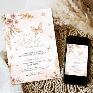 Butterfly Baby Shower Invitation, Boho Pampas grass Girl Baby Shower Invite, editable blush mauve pink printable baby shower invite Download