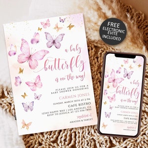 Butterfly Baby Shower Invitation, Purple Pink Butterfly Invitation Template, Butterfly Baby Shower Invitation Girl, Butterflies and Flowers