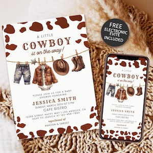 Editable A Little Cowboy Baby Shower Invitation, Wild West Baby Shower Invite, Rodeo Baby, Brown Cowboy Baby Shower Invitation Download