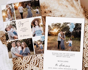 May include: Holiday greeting cards featuring family photos. One card has a collage of images with the word "Joy" and "Happy Holidays 20XX". The other card has a single photo with text wishing joy and cheer for the holiday season. The Andersons.