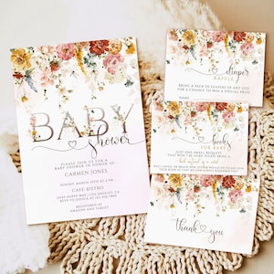 Tuin bloemen baby shower uitnodiging set, bewerkbare bloemen baby shower uitnodiging bundel, afdrukbare sjabloon, Instant download douche uitnodiging