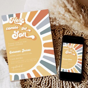 Sunshine Baby Shower Invitation, Gender Neutral Baby Shower Invite, Retro sunshine Baby Shower, Sun Baby Shower Invite printable template