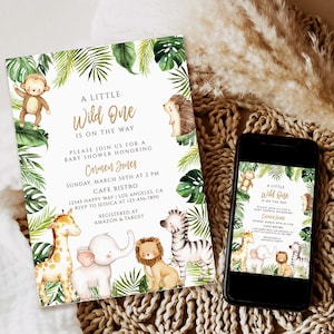 Editable A Little Wild One On the Way Baby Shower Invitation, Safari Jungle Baby Shower Invite, Greenery Safari Animals Baby Shower download