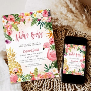 Girl Aloha Baby Shower invitation, Printable Invite, Tropical Luau, Hawaiian, Pink Hibiscus, Pineapple, Coconut, Hawaii baby shower invite
