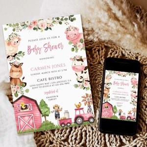 Editable Farm Baby Shower Invitation Template Set, Barn Animals Baby Shower Invite, Ranch Girl Baby Shower, Floral Pink Barnyard