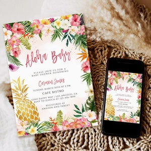 Girl Aloha Baby Shower invitation, Printable Invite, Tropical Luau, Hawaiian, Pink Hibiscus, Pineapple, Coconut, Hawaii baby shower invite