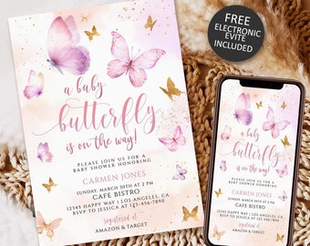 May include: A pink and gold baby shower invitation with butterflies and the text "a baby butterfly is on the way!"  Please join us for a baby shower honoring Carmen Jones. Sunday, March 30th at 2 PM. Cafe Bistro. 12345 Happy Way | Los Angeles, CA. RSVP to Jessica at 123-456-7890. Registered at Amazon & Target.