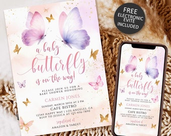 Purple Gold Butterfly Baby Shower Invitation, Editable Template (Digital Download)