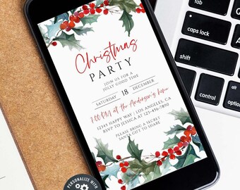 May include: A smartphone screen displaying a digital Christmas party invitation with watercolor holly and red berries. The text reads Christmas PARTY, JOIN US FOR A JOLLY GOOD TIME, SATURDAY 18 DECEMBER, 7:00 PM at the Andersen's home, 12345 HAPPY WAY, RSVP TO JESSICA AT 123-456-7890, PLEASE BRING A SECRET SANTA GIFT TO SHARE.