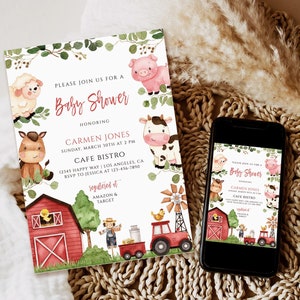 Editable Farm Baby Shower Invitation, Barn Animals Baby Shower Invite Download, Ranch Boy Baby Shower, Red Barnyard Animals shower template