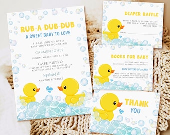 Rubber Duck Baby Shower Invitation set, Editable Rubber Ducky Unisex Baby Shower Invite, Printable template Digital download, duckling