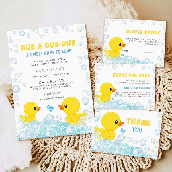 Rubber Duck Baby Shower Invitation set, Editable Rubber Ducky Unisex Baby Shower Invite, Printable template Digital download, duckling