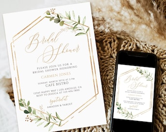 Eucalyptus Bridal Shower Invitation Template, Greenery, Geometric (Digital Download)