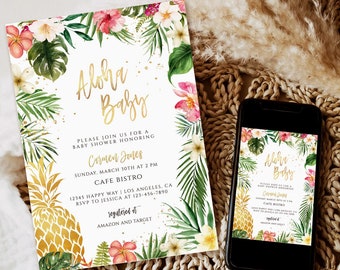 Hawaiian Pineapple Baby Shower Invitation, Luau Aloha Theme (Digital Download)