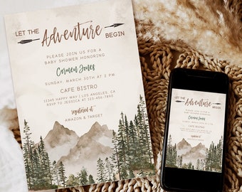 Editable Let the Adventure Begin Baby Shower Invitation Pine Trees Mountain Gender Neutral baby shower Template  Woodland Baby Shower Invite