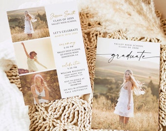 May include: Graduation invitation with a photo of a young woman in a white dress. The invitation is decorated with a gold script font and a floral design. The text on the invitation reads "Valley High School Class of 20XX Graduate".