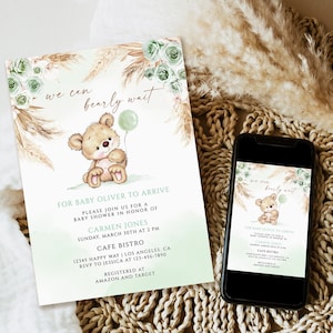 Editable Green Pampas Grass We Can Bearly Wait Boho Teddy Bear Baby Shower Invitation Template,Sage green teddy bear invite Instant Download