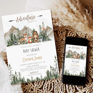 Editable Adventure Awaits Baby Shower Invitation Woodland Animals Baby Shower Invite Mountain Forest invitation Printable Template download