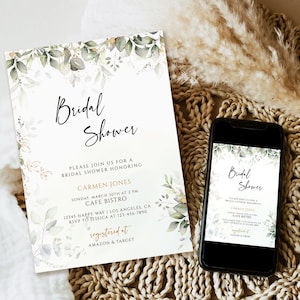 Eucalyptus Bridal Shower Invitation Template, Greenery Bridal Shower Invitation Printable, Bridal shower invitation download,Printable evite