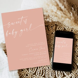 Boho Minimalist Baby Shower Invitation, Dusty pink girl Baby Shower invite, Modern pink Baby Shower Invite download Editable Template