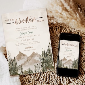 Editable Let the Adventure Begin Baby Shower Invitation Pine Trees Mountain Gender Neutral baby shower Template  Woodland Baby Shower Invite