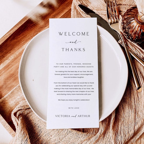 Modern Thank You Letter, Wedding Napkin Note, Wedding Menu Thank You Template, Minimalist Place Setting Thank You, Wedding thank you note