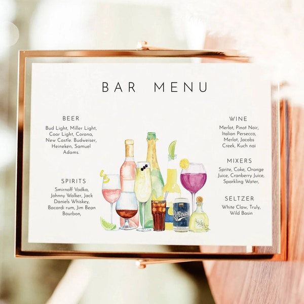 Bar Menu Template, Modern Editable Drink Menu Template, Minimalist Printable Bar Menu, Signature Drinks Sign, Wedding bar menu sign download