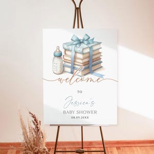 Letrero de bienvenida para baby shower con temática de libro "Un nuevo capítulo comenzará pronto", póster con temática de libro de cuentos de la biblioteca, descarga de letrero de bienvenida con lazo azul para niño