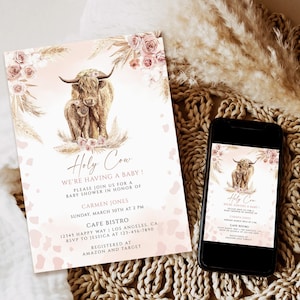 Boho Highland Cow Baby Shower Invitation, Holy Cow Invite and Inserts, Blush Pink Flowers, pampas grass cow baby shower invitation template