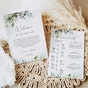 Cartão de eventos de casamento com vegetação, eventos modernos de fim de semana, modelo de itinerário de casamento, bolsa de boas-vindas, download editável de cronograma de casamento