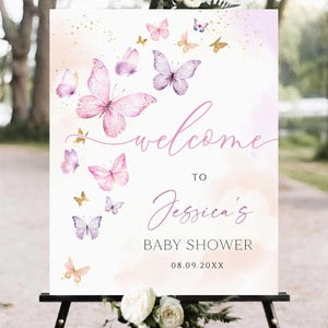 Schmetterling-Baby-Dusche-Willkommensschild, Willkommensschild, Baby-Dusche-Schild, Lila rosa Schmetterling-Baby-Dusche-Schild, druckbares Schild, Mädchen-Baby-Dusche